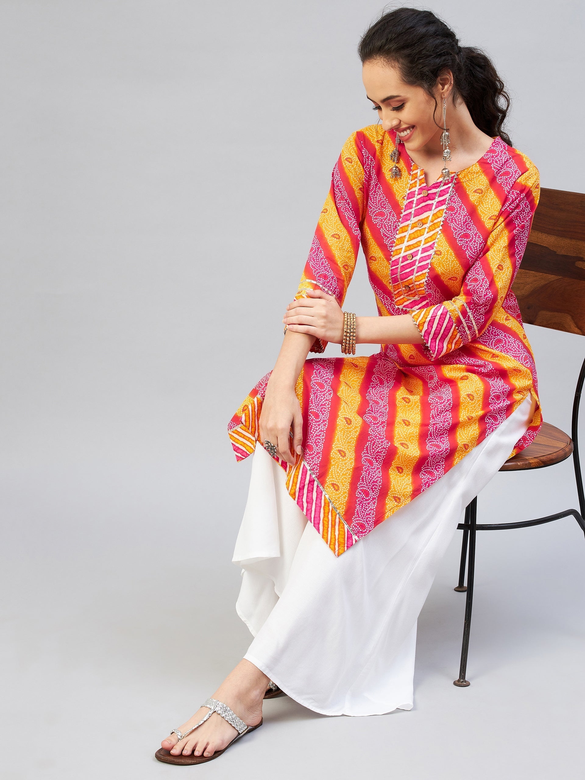InWeave Women's Pink Mustard Lehriya Straight Kurta