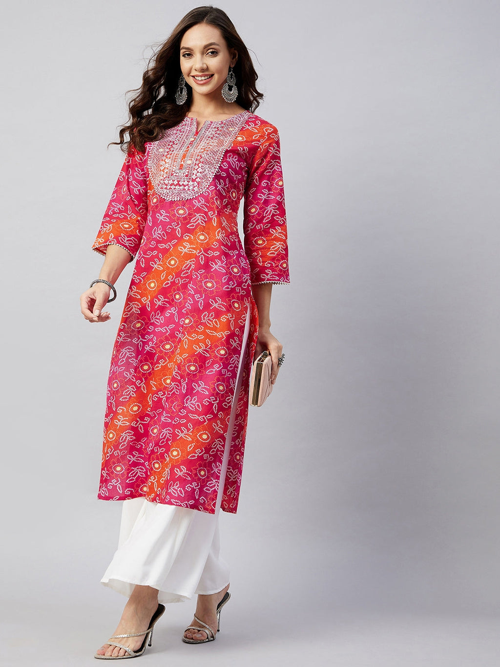 InWeave Women's Pink Orange Shaded Work Straight Kurta