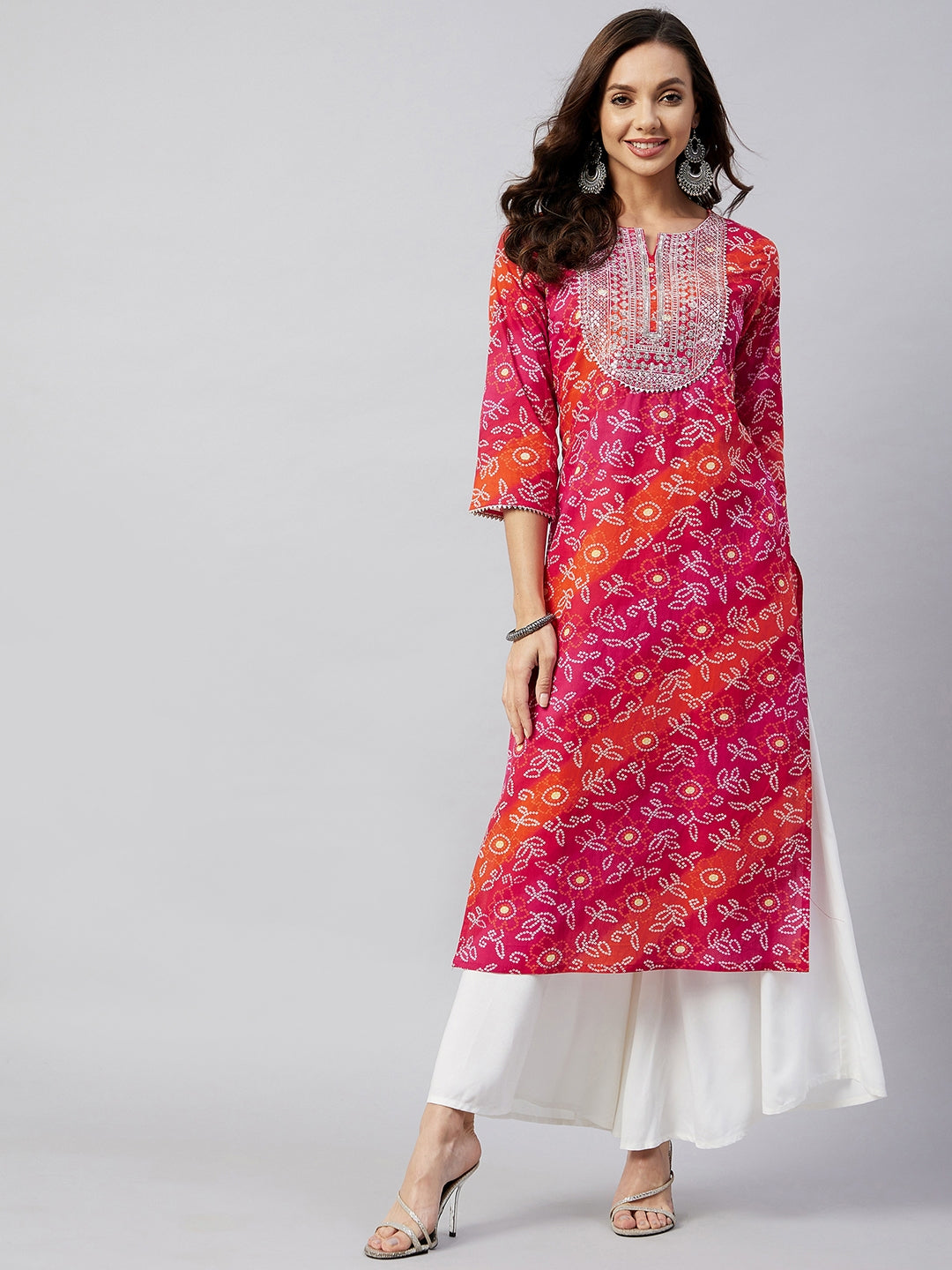 InWeave Women's Pink Orange Shaded Work Straight Kurta