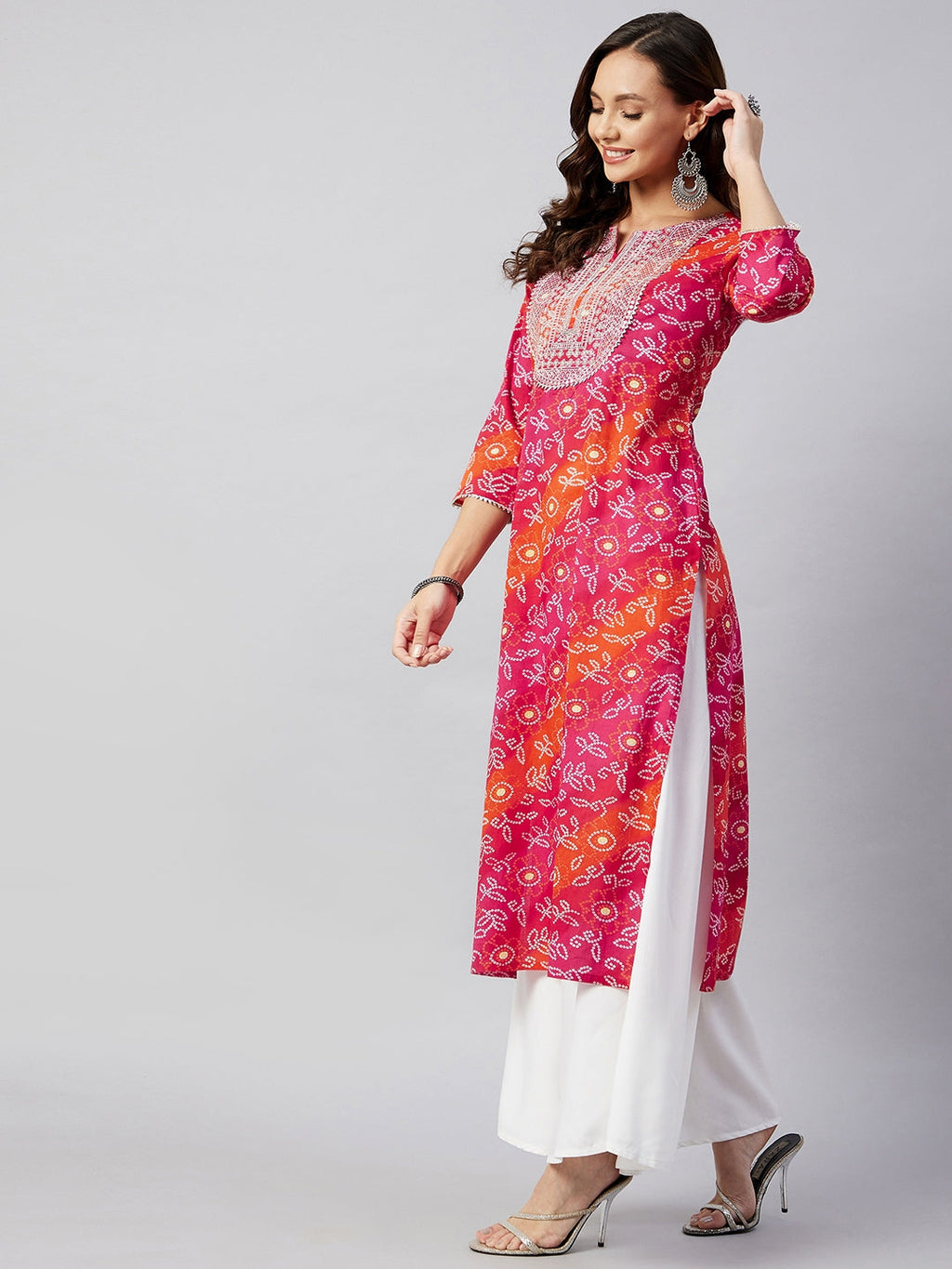 InWeave Women's Pink Orange Shaded Work Straight Kurta