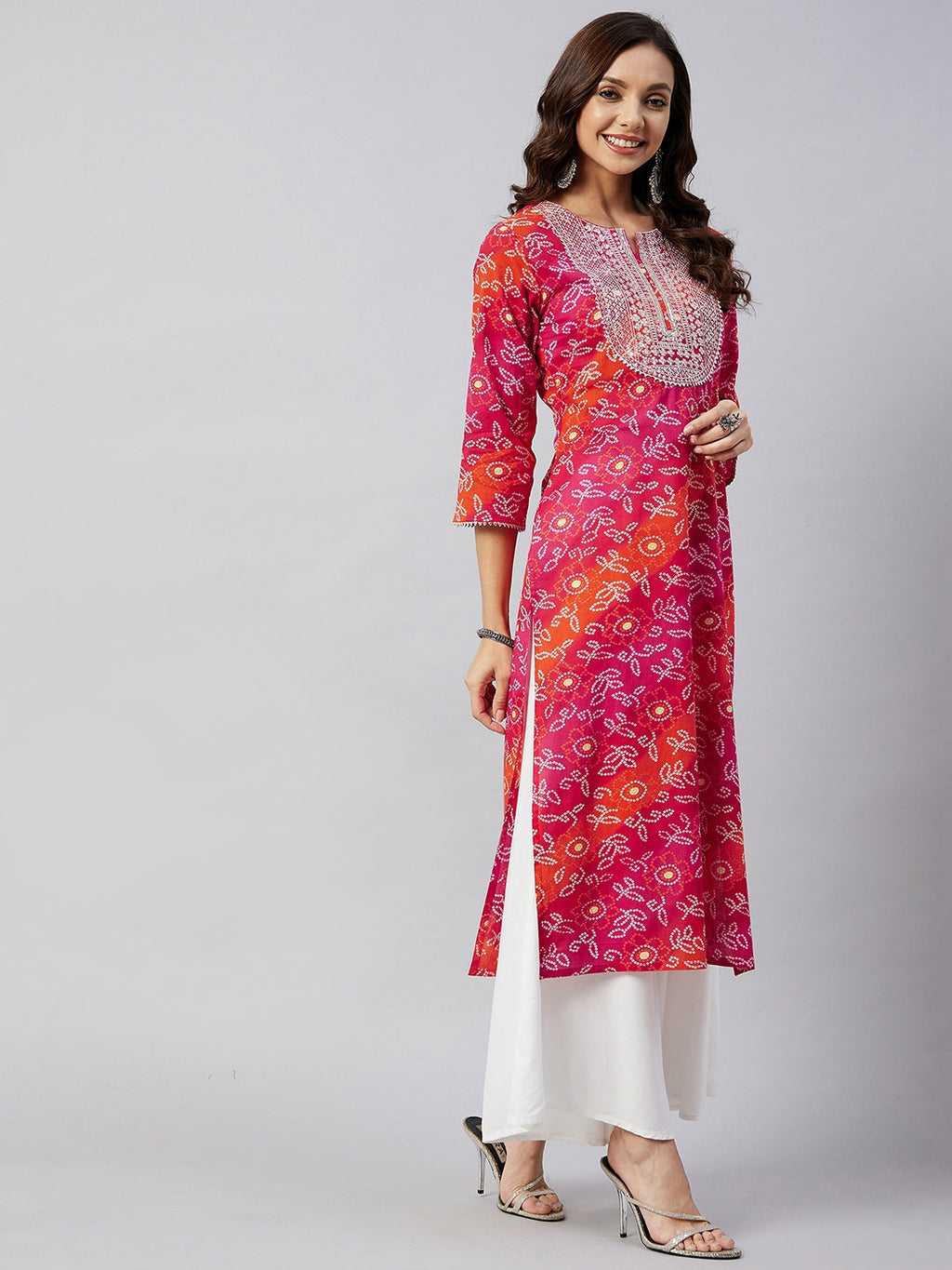 InWeave Women's Pink Orange Shaded Work Straight Kurta
