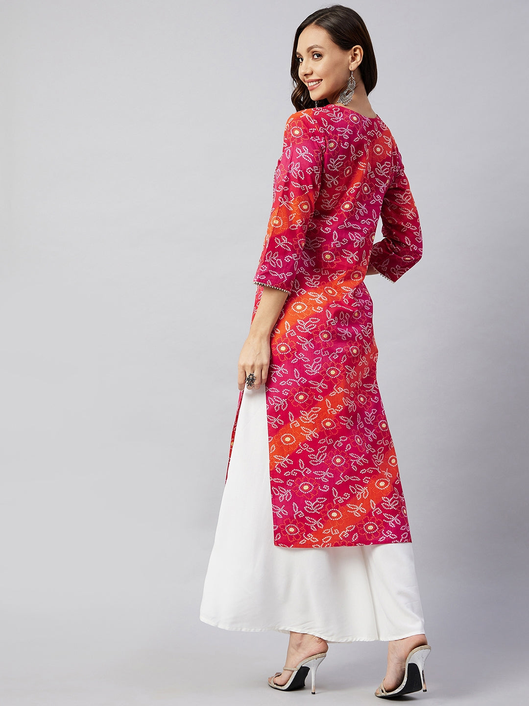 InWeave Women's Pink Orange Shaded Work Straight Kurta