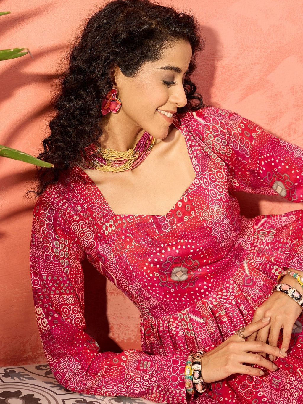 InWeave Fuchsia Sweetheart Neck Anarkali Kurta
