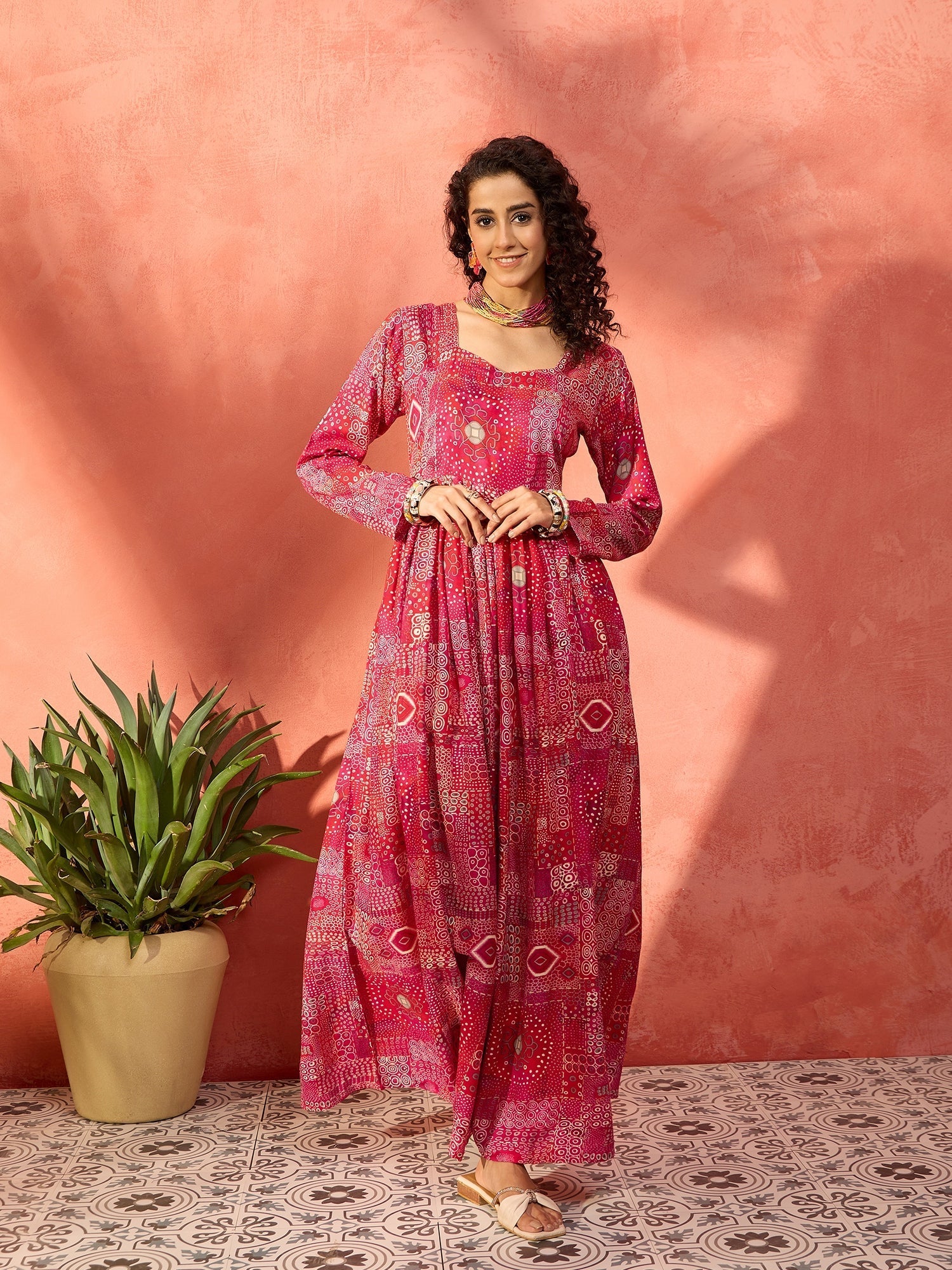 InWeave Fuchsia Sweetheart Neck Anarkali Kurta