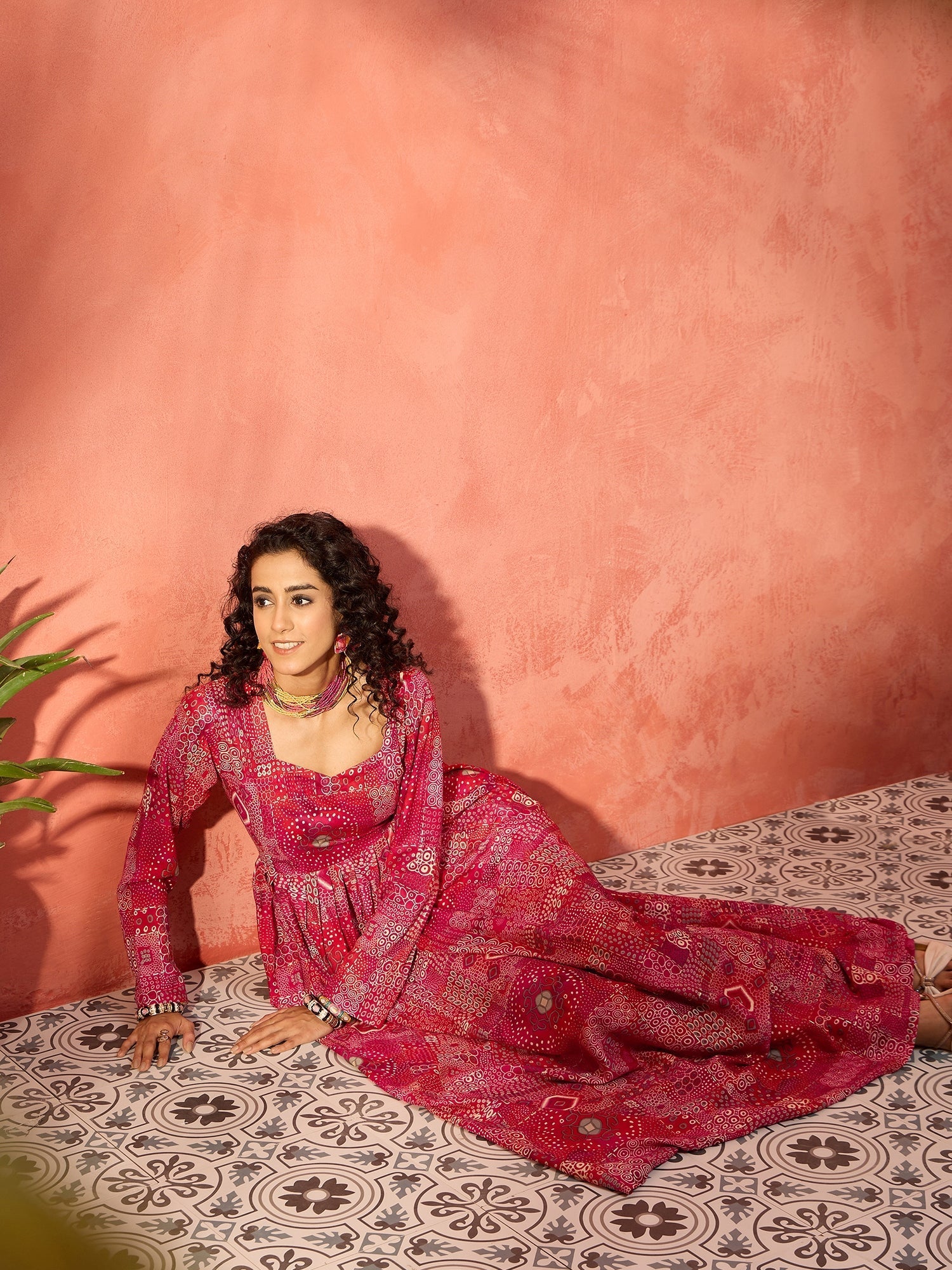 InWeave Fuchsia Sweetheart Neck Anarkali Kurta