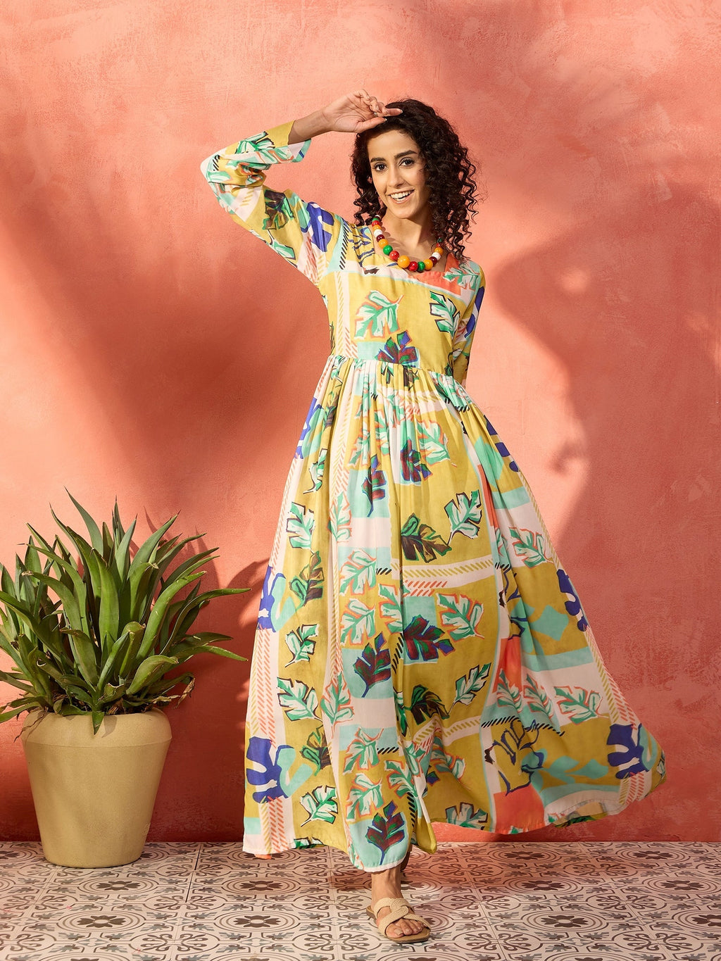 InWeave Lime Green Leaf Sweetheart Neck Long Anarkali Kurta