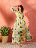 InWeave Lime Green Leaf Sweetheart Neck Long Anarkali Kurta