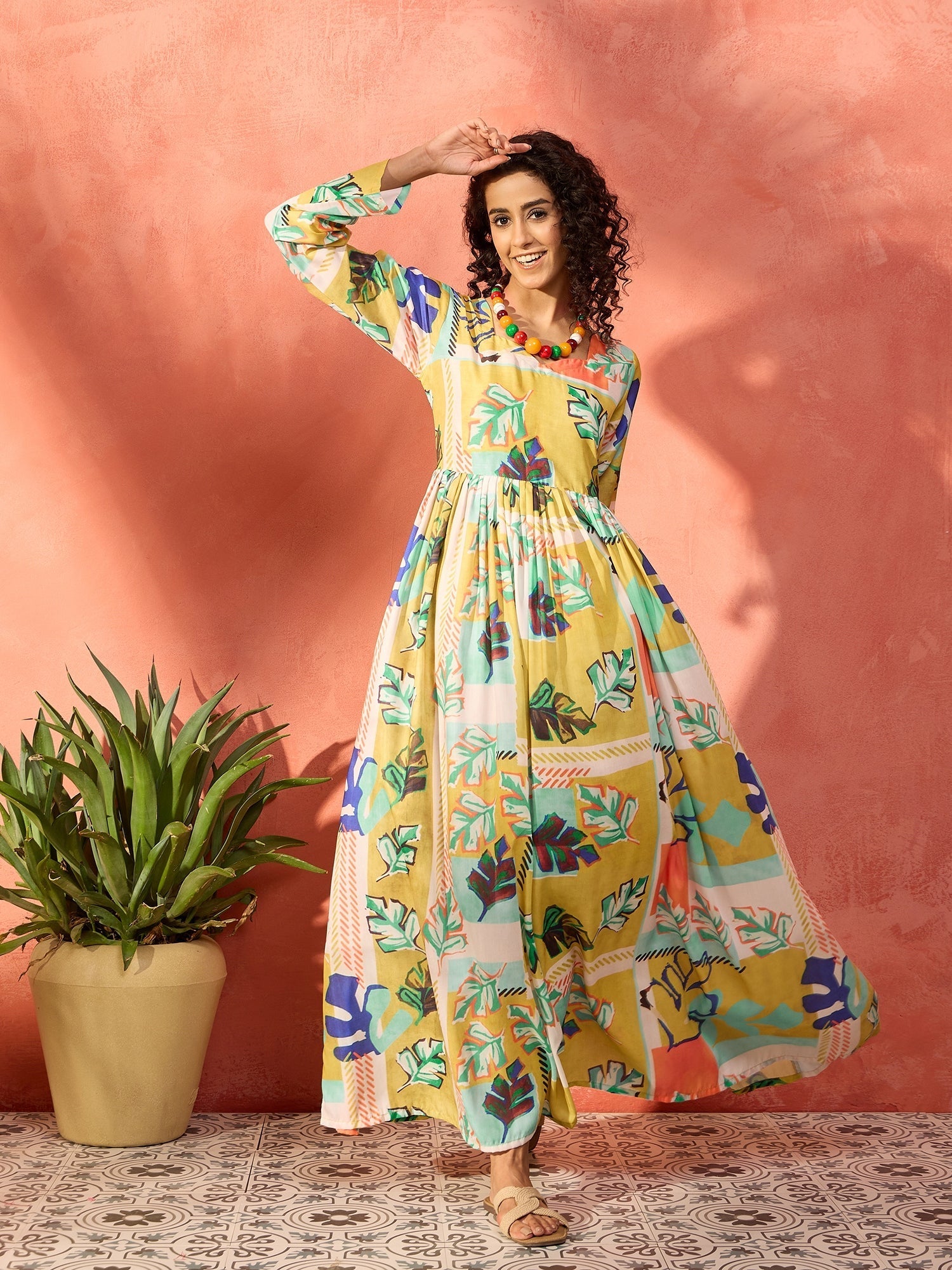 InWeave Lime Green Leaf Sweetheart Neck Long Anarkali Kurta