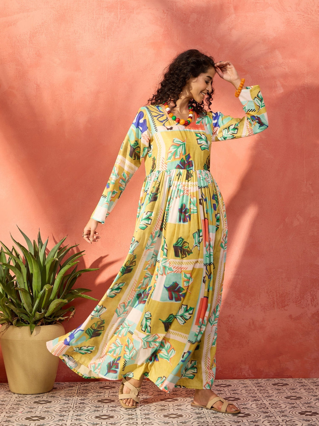 InWeave Lime Green Leaf Sweetheart Neck Long Anarkali Kurta
