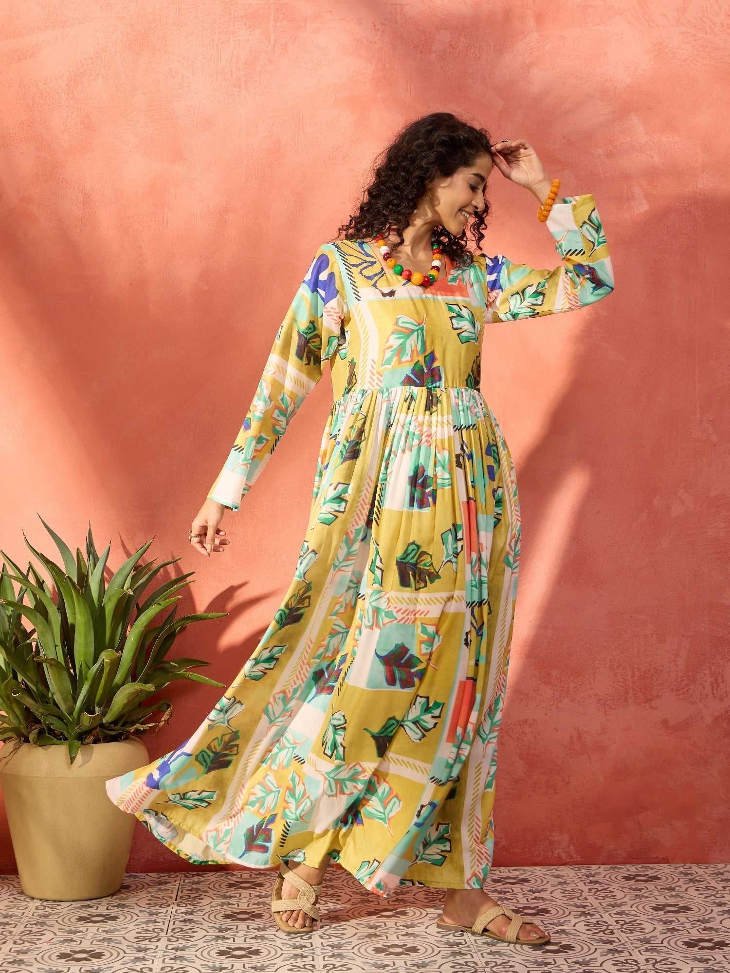 InWeave Lime Green Leaf Sweetheart Neck Long Anarkali Kurta