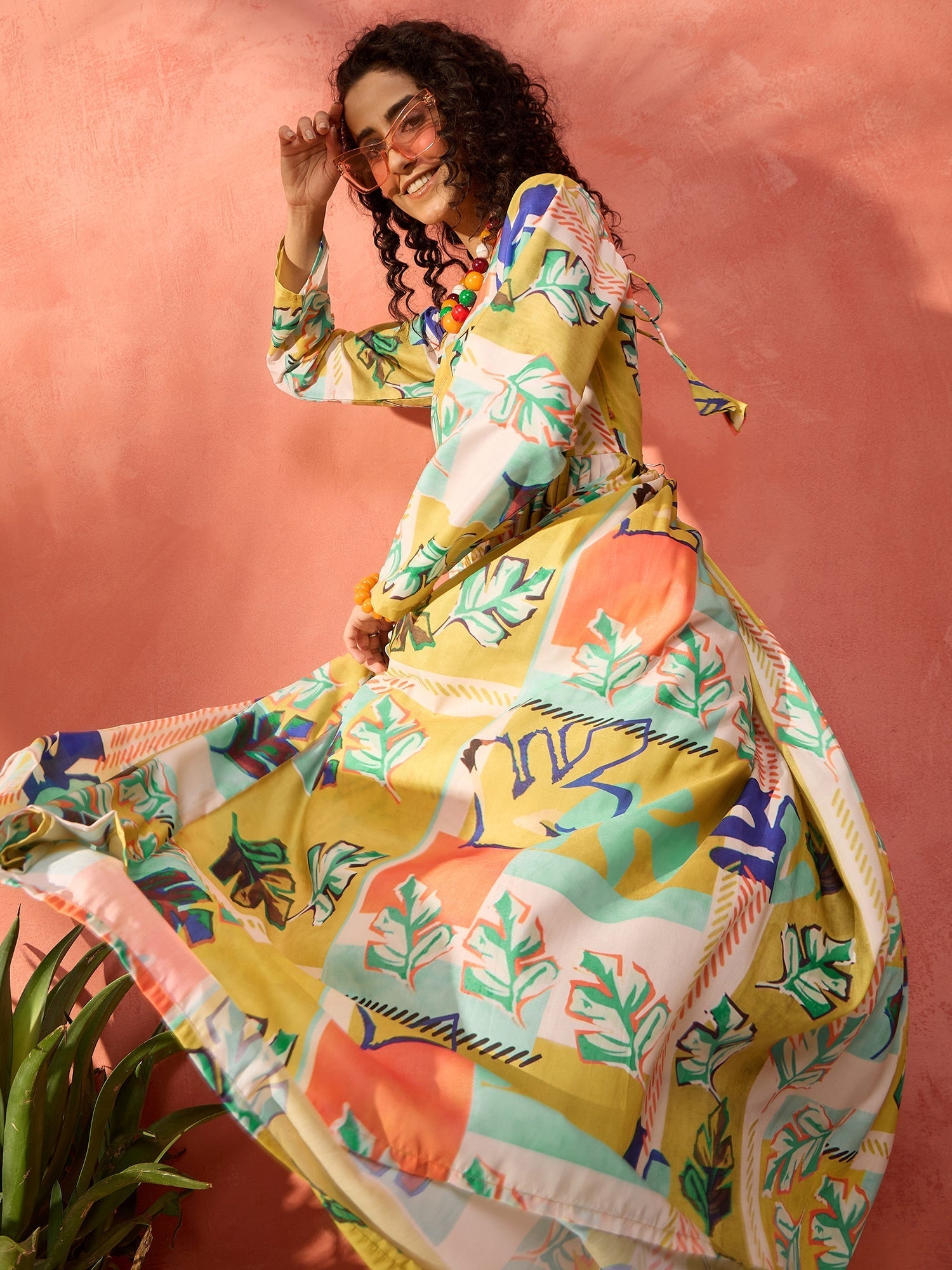 InWeave Lime Green Leaf Sweetheart Neck Long Anarkali Kurta
