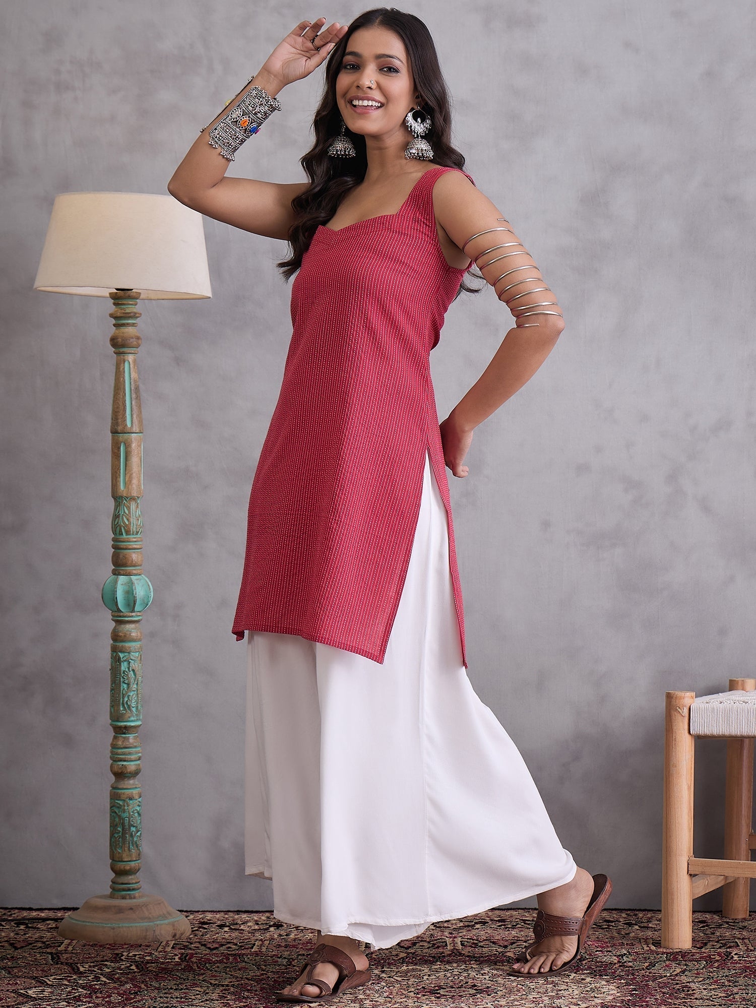 InWeave Maroon Kantha Striped Kurta