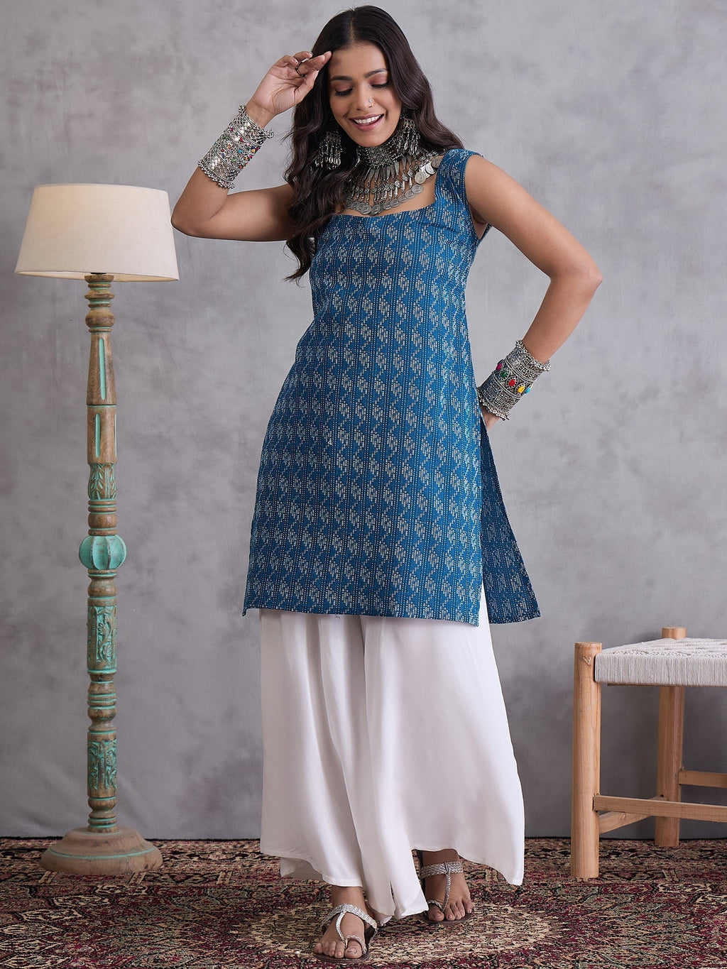 InWeave Blue Ikkat Kantha Kurta