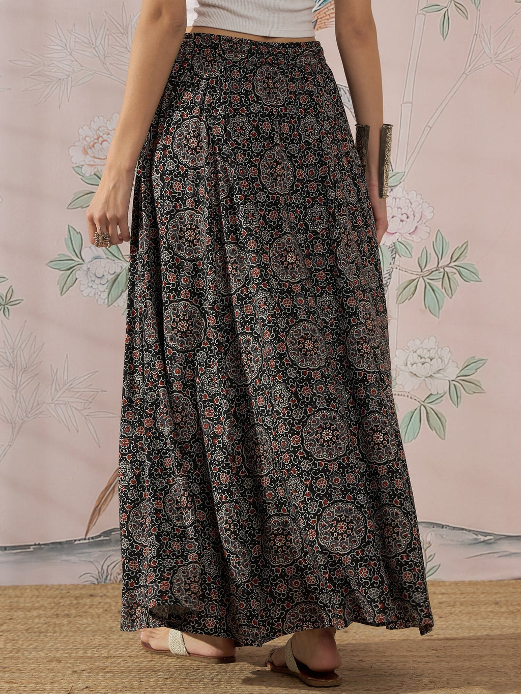 InWeave Black Maroon Ajrakh Fr Skirt