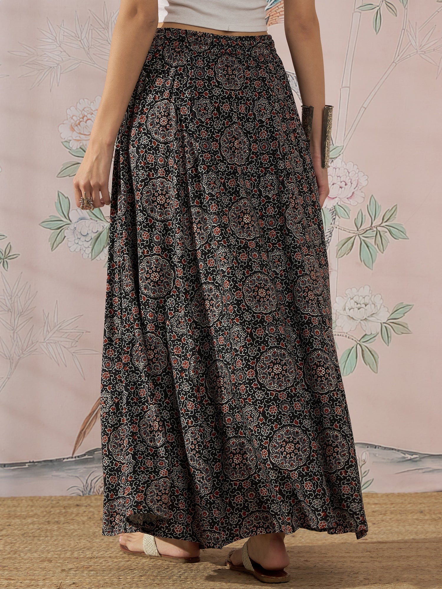 InWeave Black Maroon Ajrakh Fr Skirt
