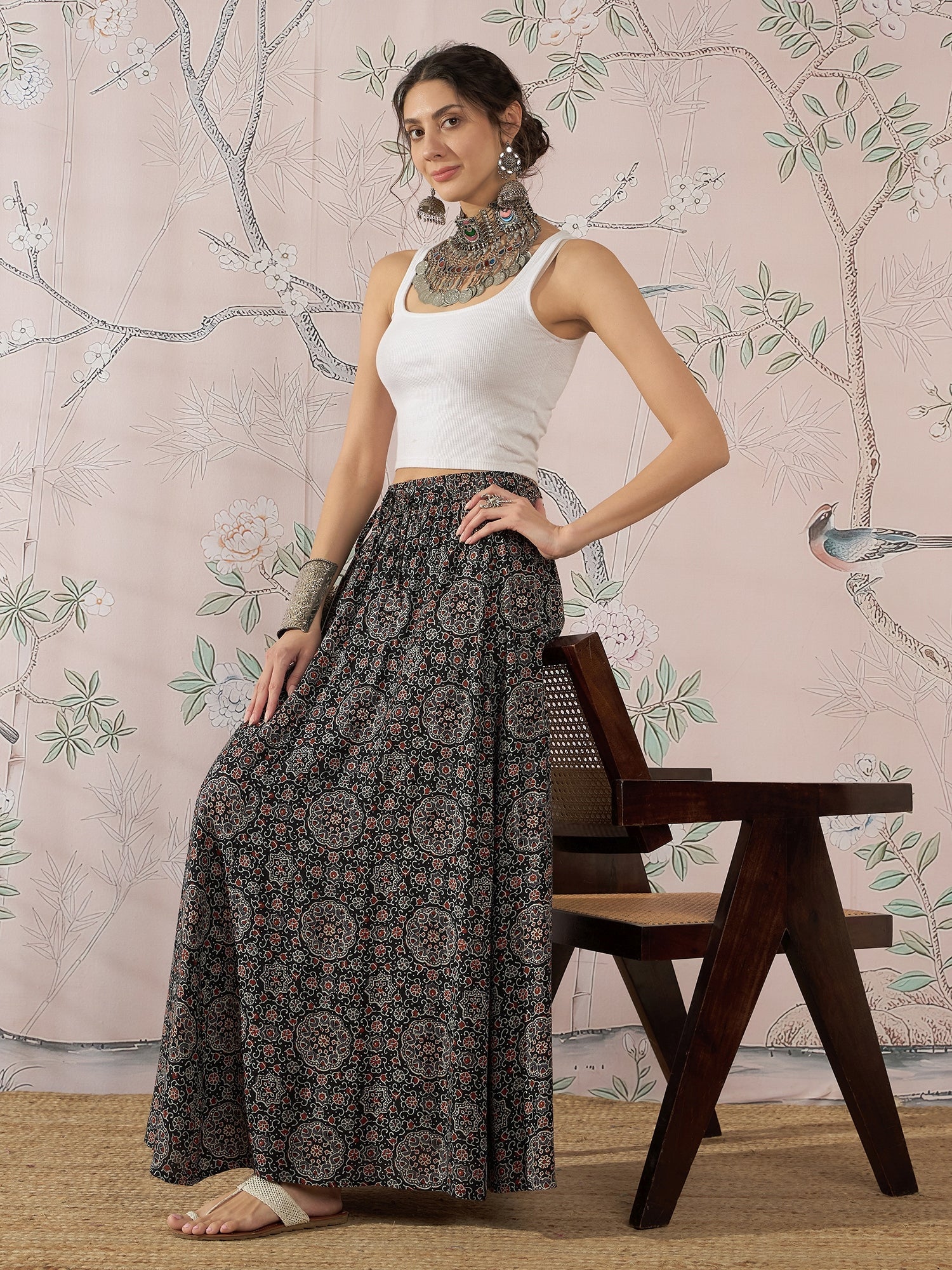 InWeave Black Maroon Ajrakh Fr Skirt