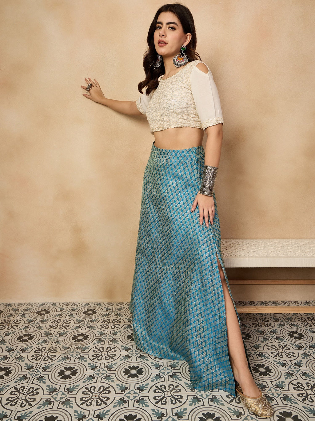 InWeave Maya Blue Brocade Side Slit Skirt