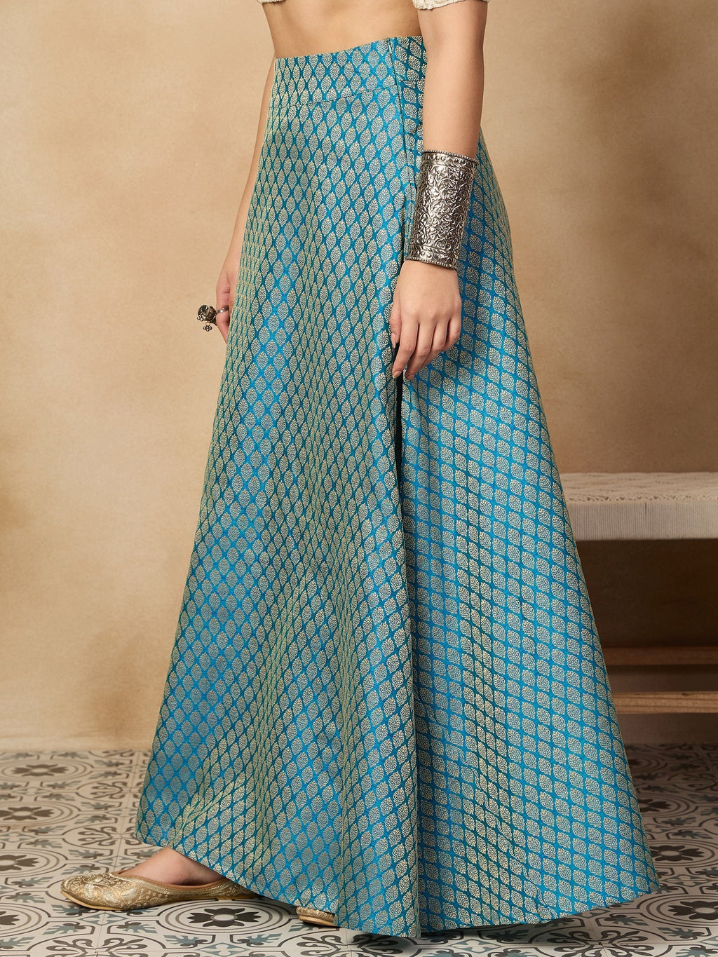 InWeave Maya Blue Brocade Side Slit Skirt