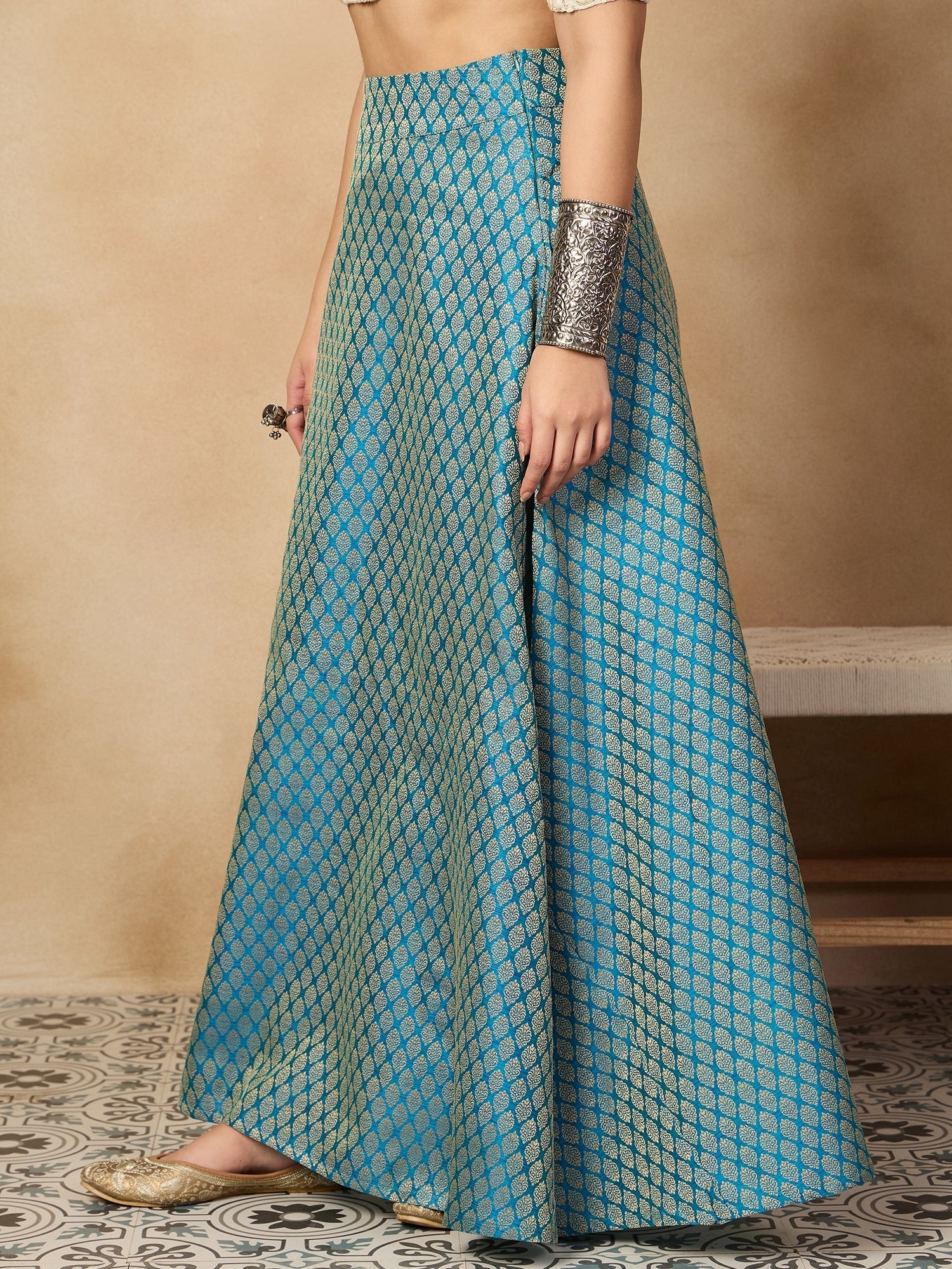 InWeave Maya Blue Brocade Side Slit Skirt