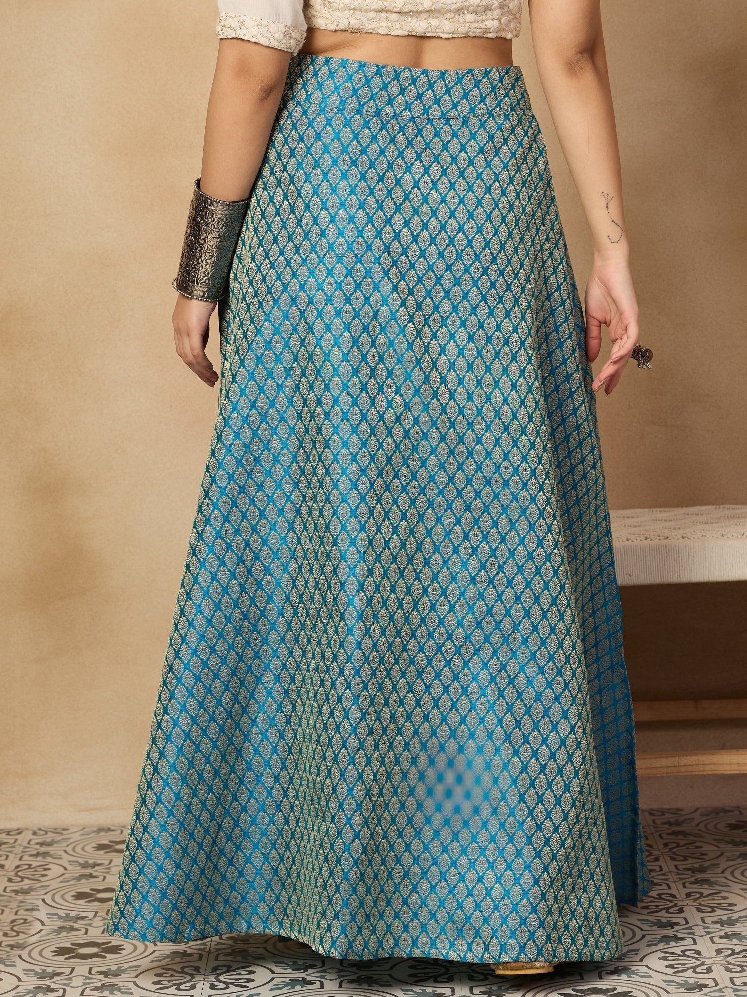 InWeave Maya Blue Brocade Side Slit Skirt