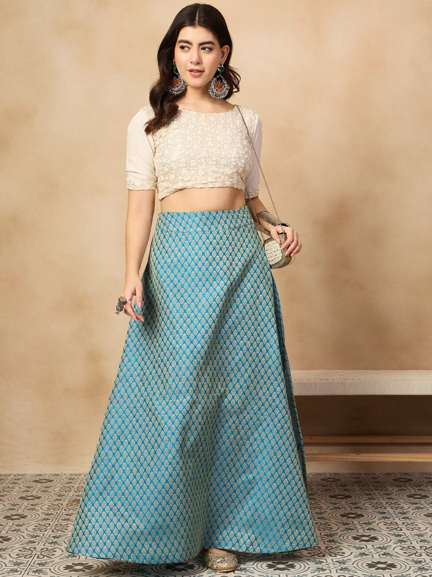 InWeave Maya Blue Brocade Side Slit Skirt