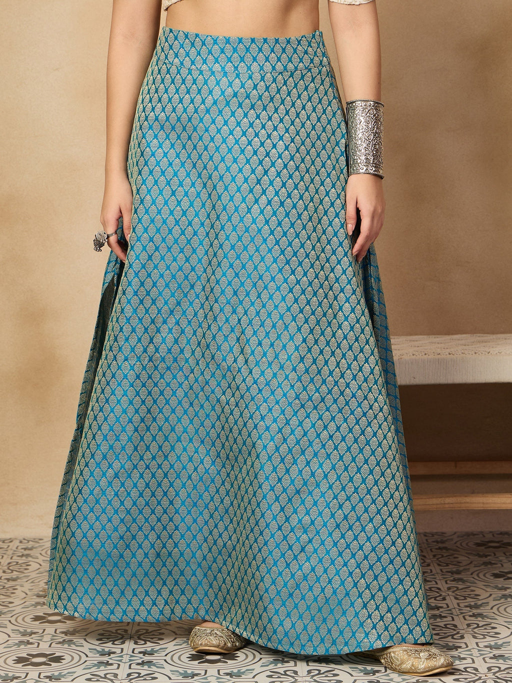 InWeave Maya Blue Brocade Side Slit Skirt