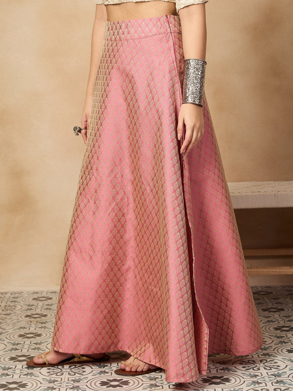 InWeave Light Pink Brocade Side Slit Skirt