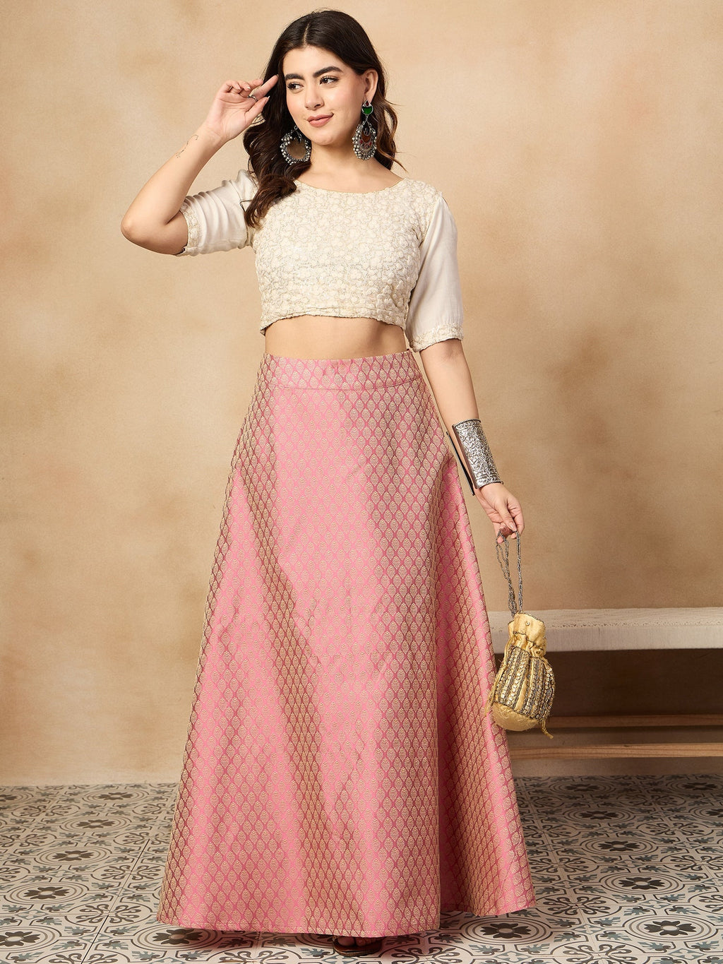 InWeave Light Pink Brocade Side Slit Skirt