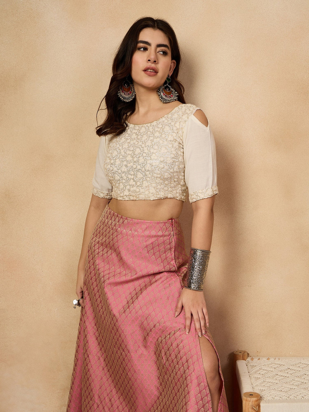 InWeave Light Pink Brocade Side Slit Skirt