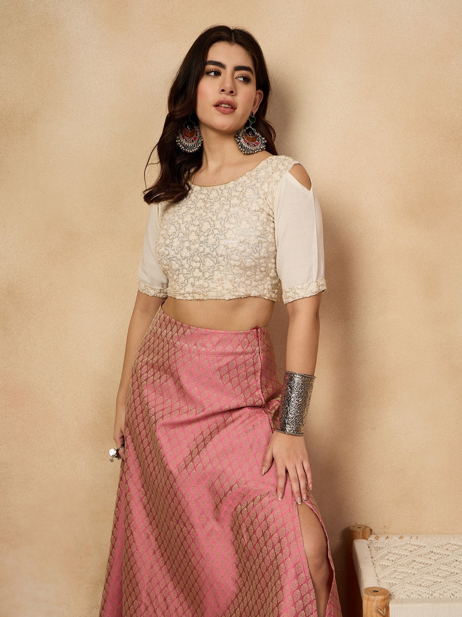 InWeave Light Pink Brocade Side Slit Skirt
