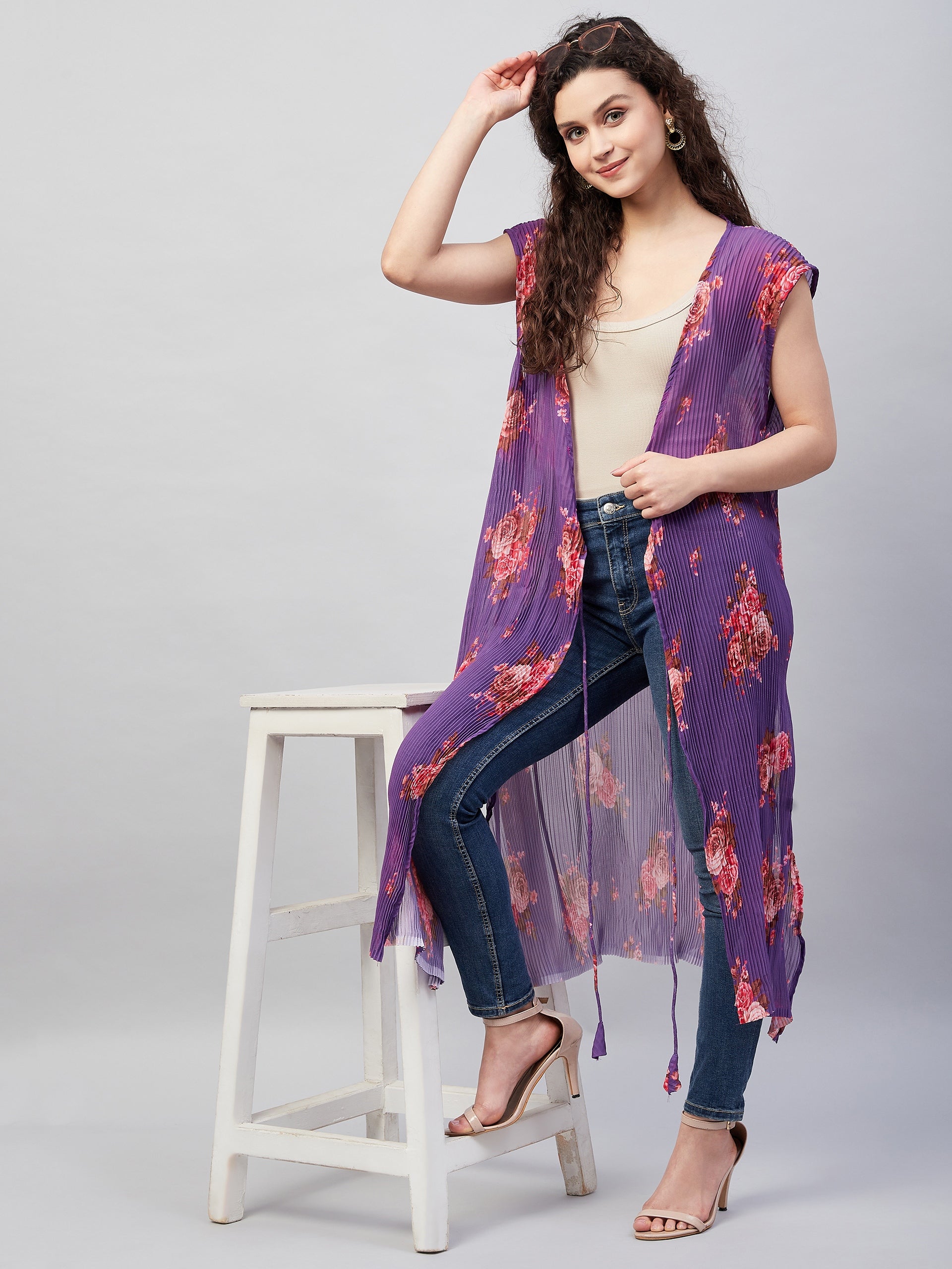 InWeave Women's Purple Pleated Georgette Shrug