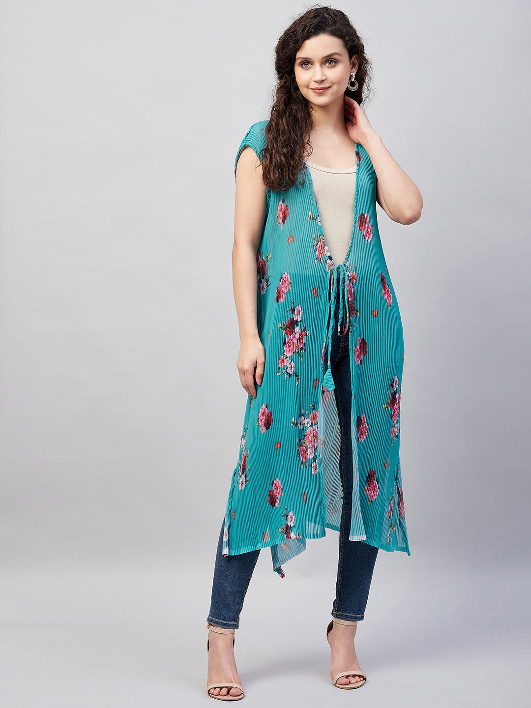 InWeave Women's Blue Pleated Georgette Shrug