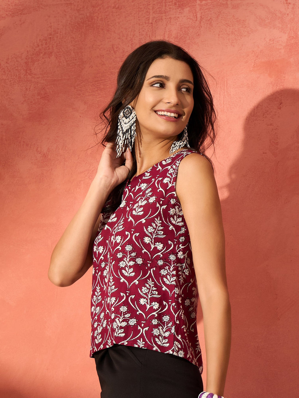 InWeave Wine Cream Floral Print W/U Top