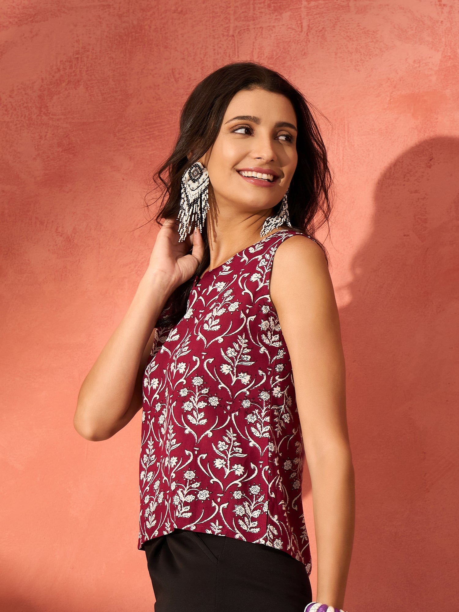 InWeave Wine Cream Floral Print W/U Top