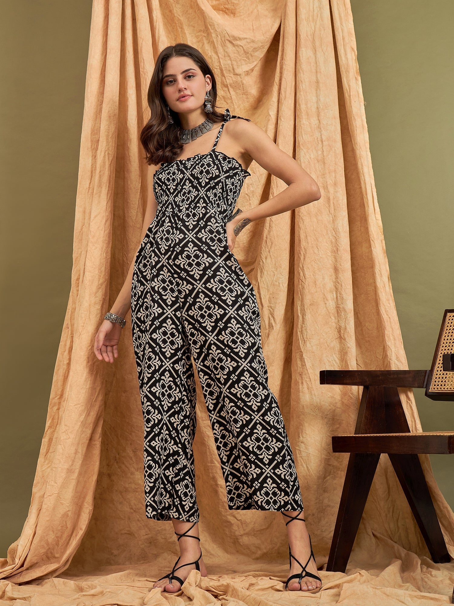 InWeave Black Damask Print Strappy Jumpsuit