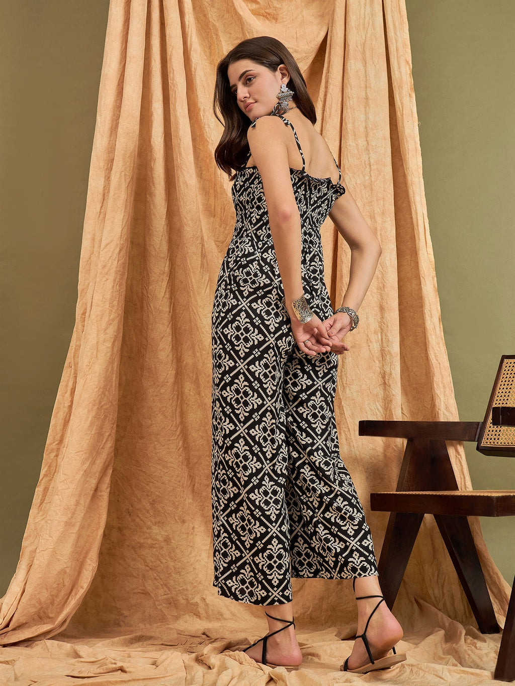 InWeave Black Damask Print Strappy Jumpsuit