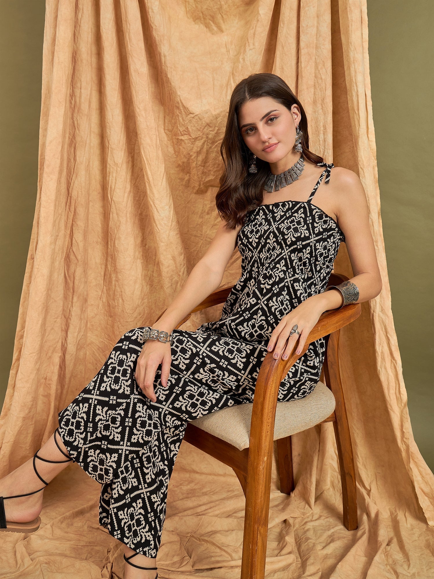 InWeave Black Damask Print Strappy Jumpsuit