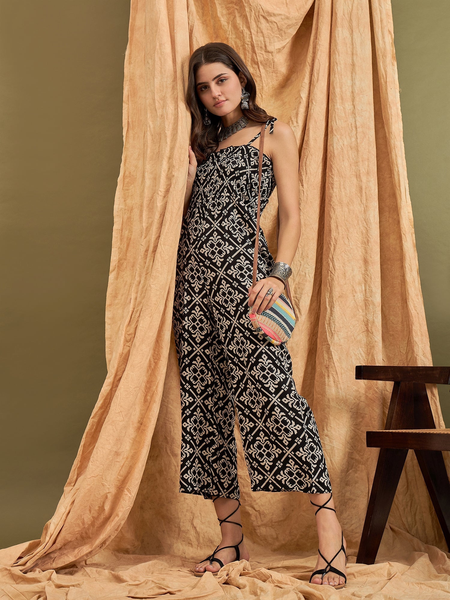 InWeave Black Damask Print Strappy Jumpsuit
