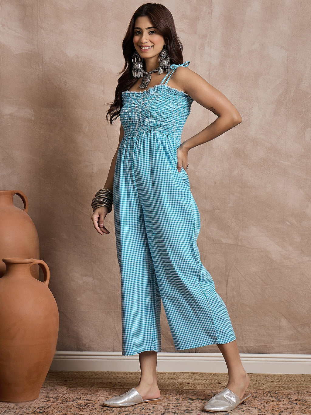 InWeave Cyan Blue Small Check Strappy Jumpsuit