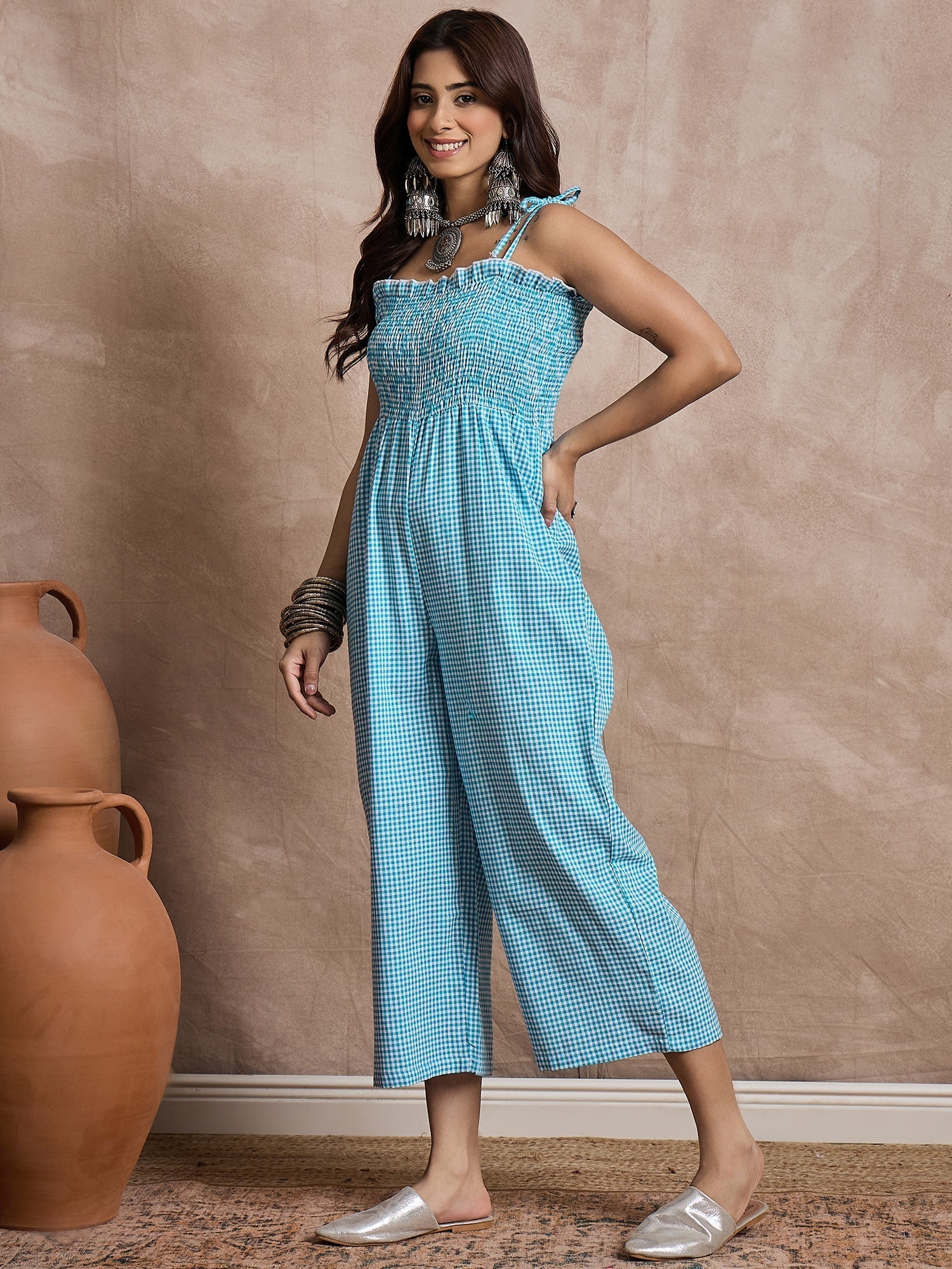 InWeave Cyan Blue Small Check Strappy Jumpsuit