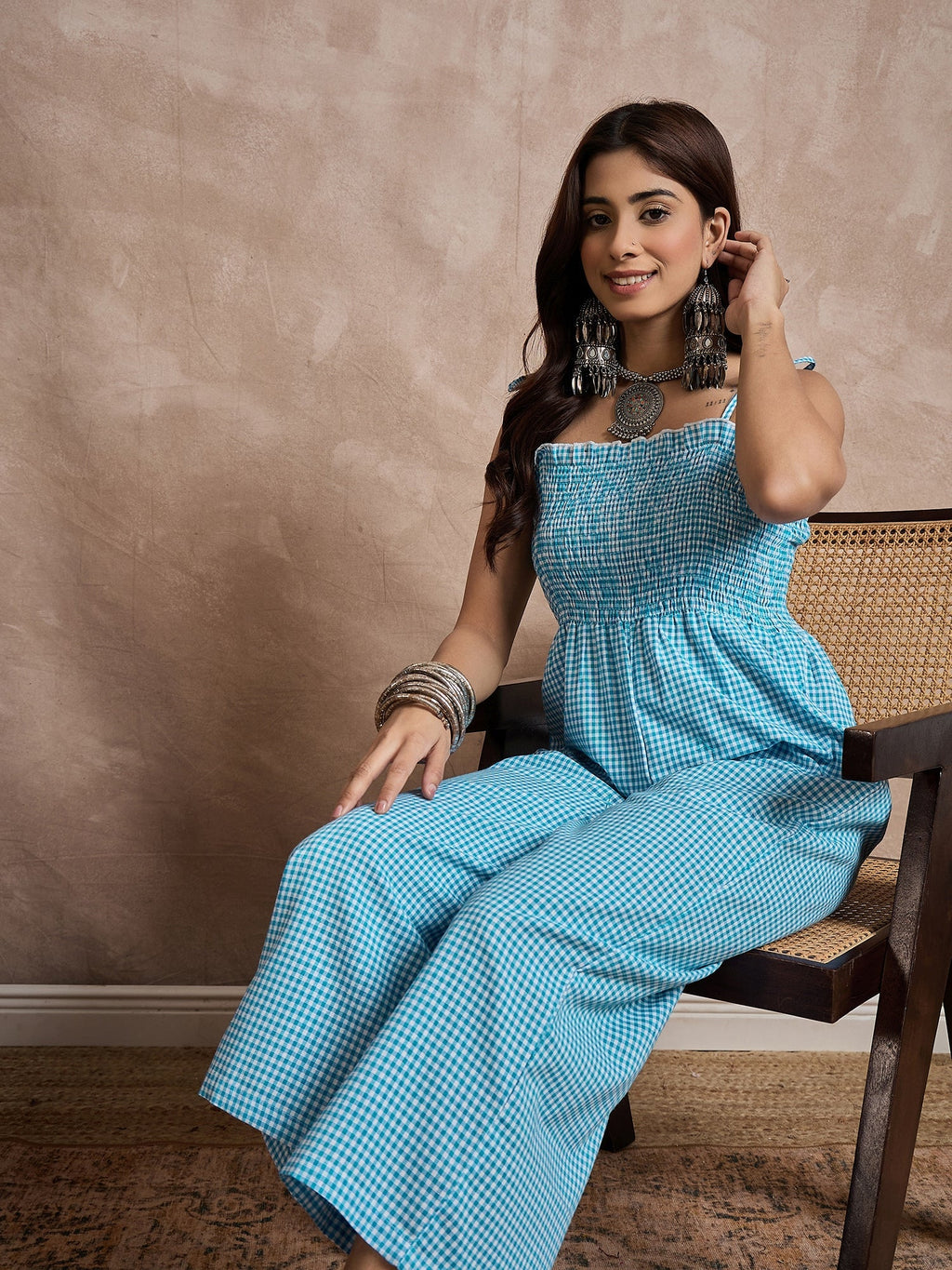 InWeave Cyan Blue Small Check Strappy Jumpsuit