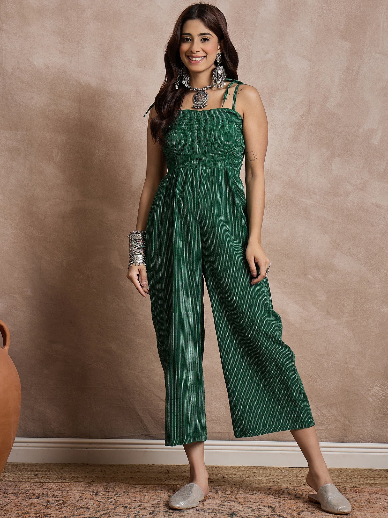 InWeave Green Kantha Strappy Jumpsuit