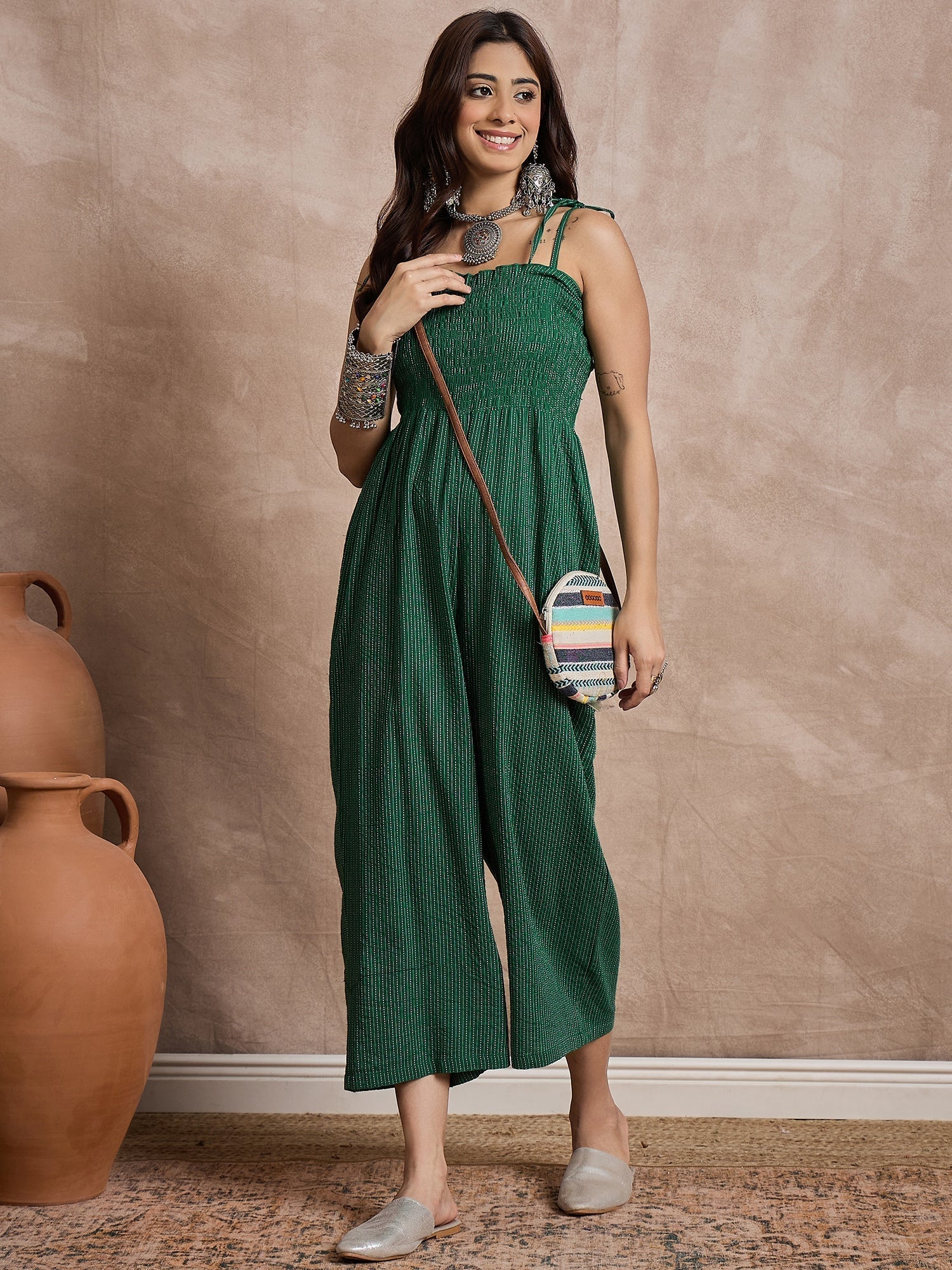 InWeave Green Kantha Strappy Jumpsuit
