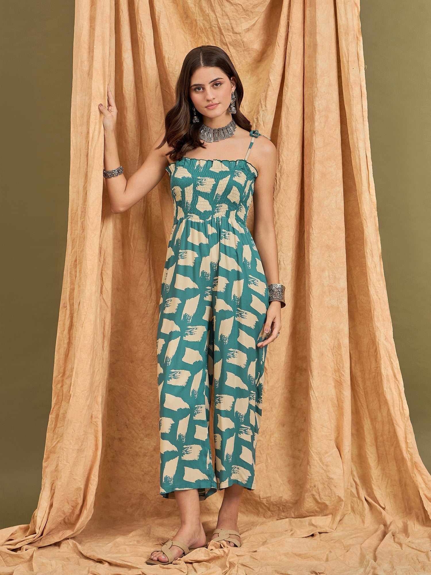 InWeave Marin Teal Beige Strappy Jumpsuit