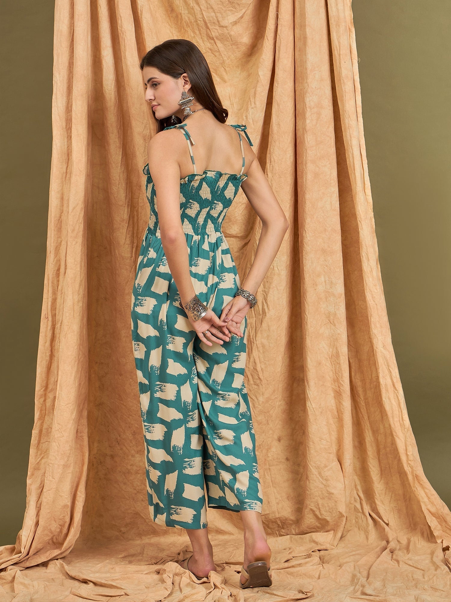 InWeave Marin Teal Beige Strappy Jumpsuit