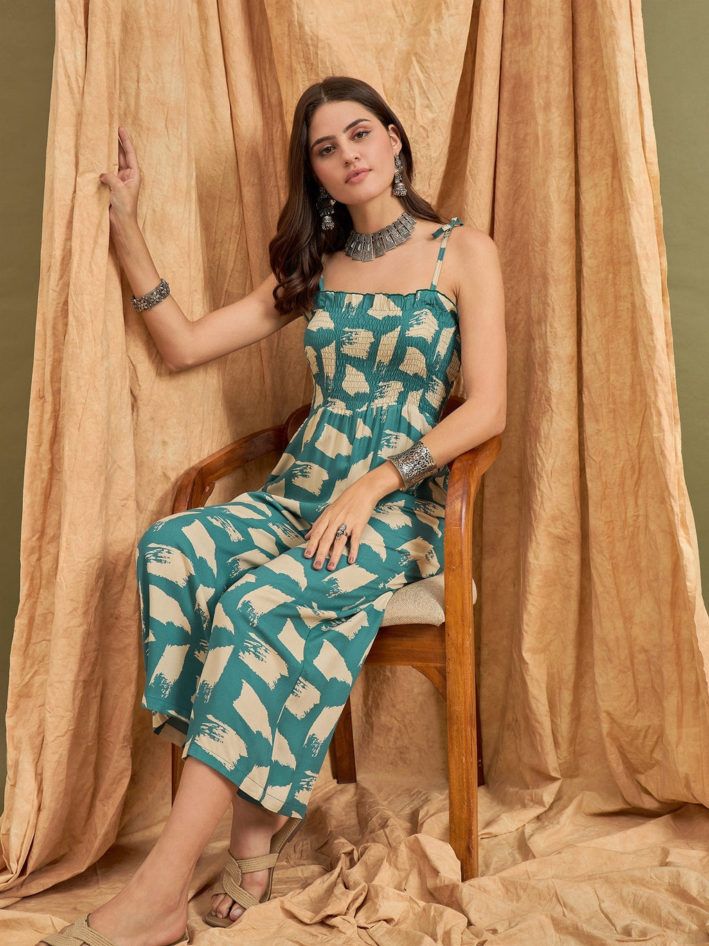 InWeave Marin Teal Beige Strappy Jumpsuit