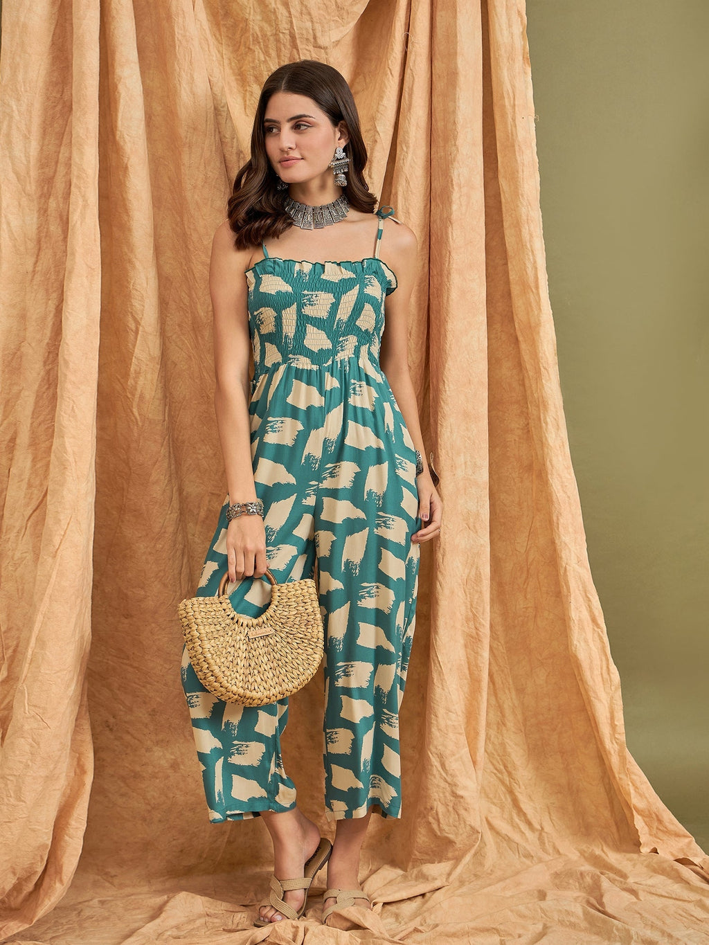 InWeave Marin Teal Beige Strappy Jumpsuit