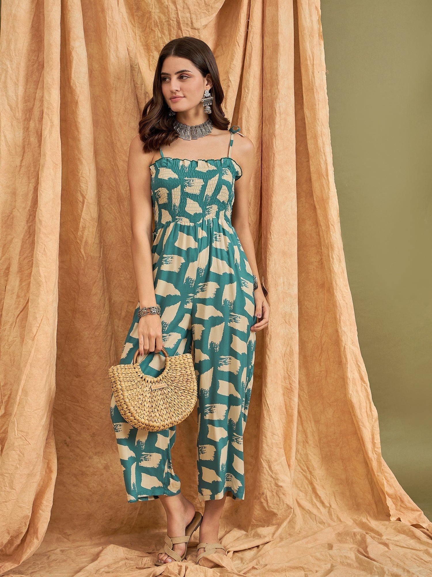 InWeave Marin Teal Beige Strappy Jumpsuit