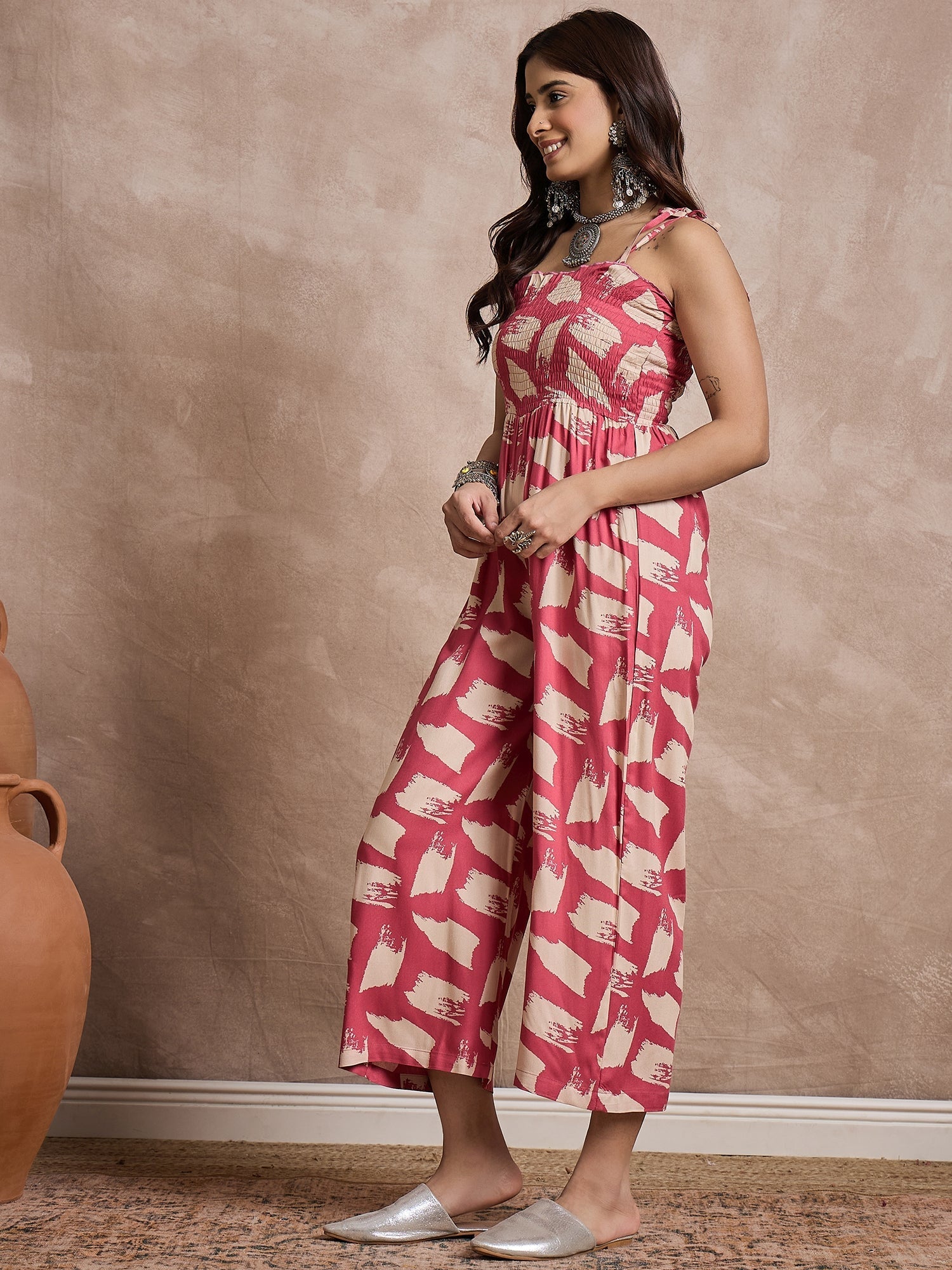 InWeave Punch Pink Beige Strappy Jumpsuit