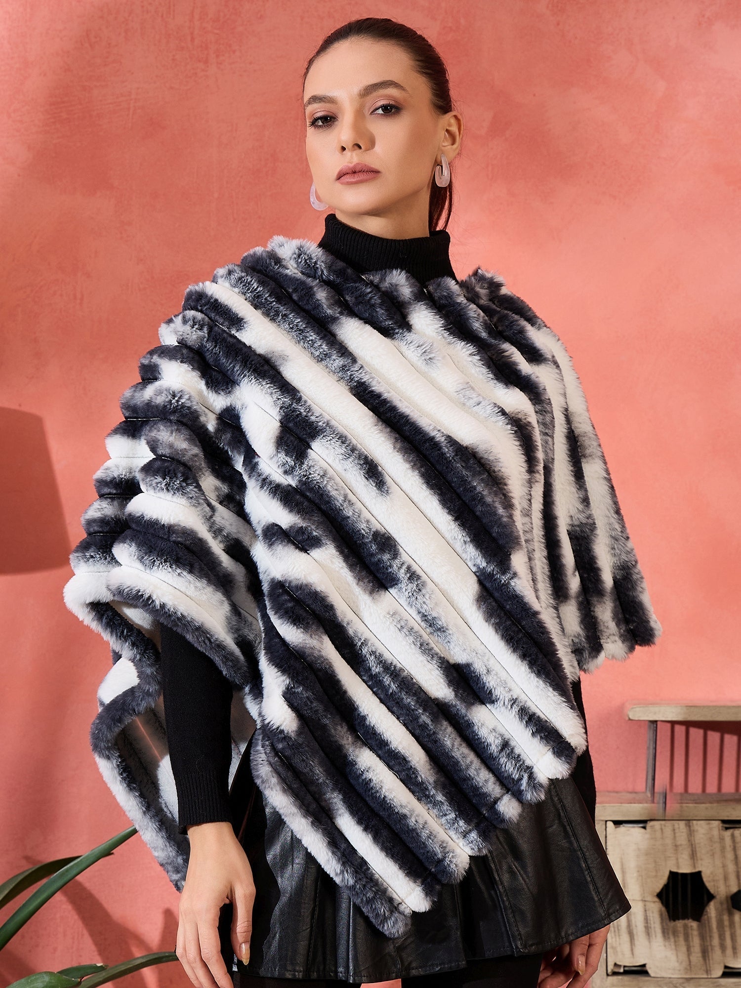 InWeave Black White Dye Rabbit Faux Fur Poncho